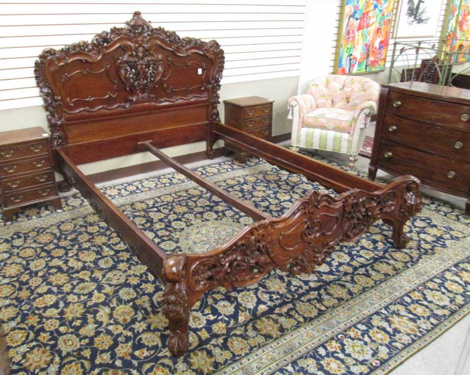 Appraisal: HIGHLY CARVED MAHOGANY QUEEN BED WITH RAILS Victorian Rococo Revival