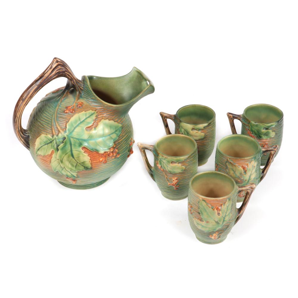 Appraisal: ROSEVILLE ART POTTERY GREEN BUSHBERRY ICED TEA PITCHER AND MUGS