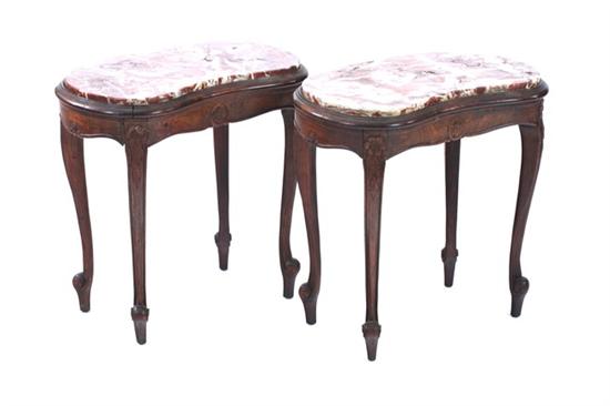 Appraisal: PAIR LOUIS XV CARVED FRUITWOOD MARBLE LOW TABLES th century