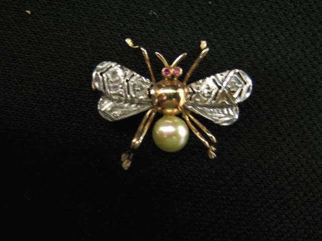 Appraisal: Figural Gold Bee Brooch with Pearl and Rubies rose white