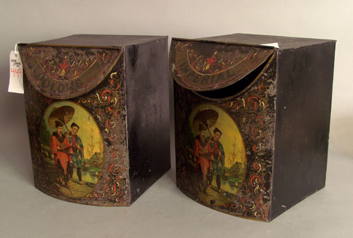 Appraisal: Pair of tole decorated tea tins th c with Chinese