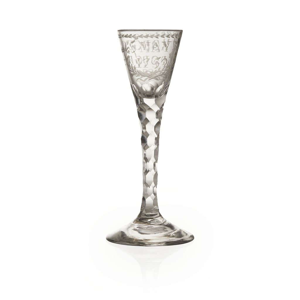 Appraisal: FACETED AND ENGRAVED WINE GLASS CIRCA the funnel bowl etched