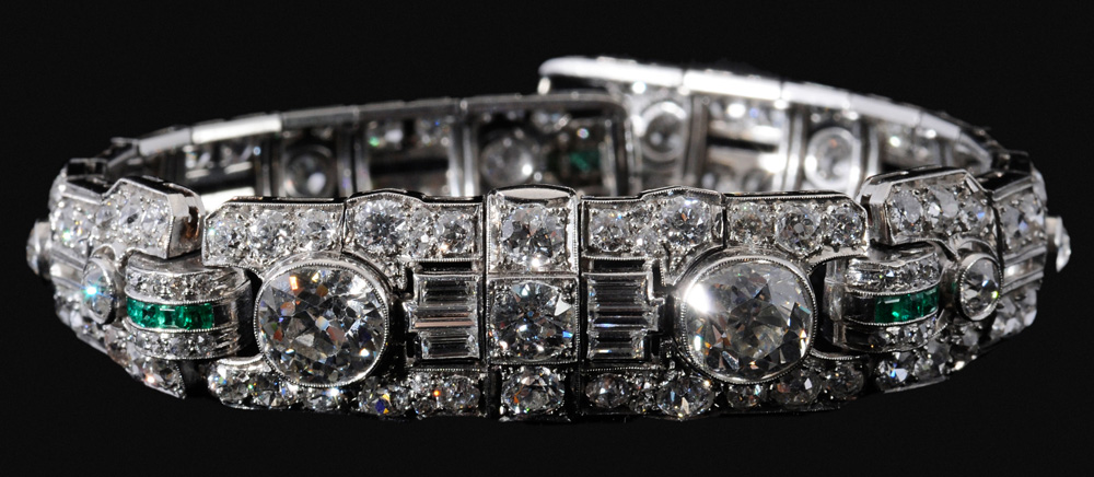 Appraisal: Platinum Art Deco Diamond Bracelet with emerald accents Old Mine-cut