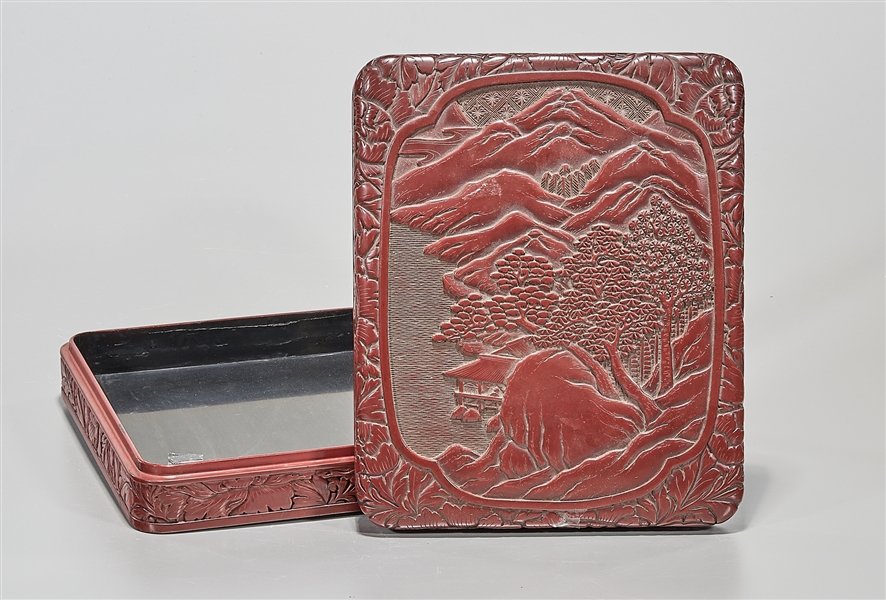 Appraisal: Chinese cinnabar-like covered box carved landscape design x x approx