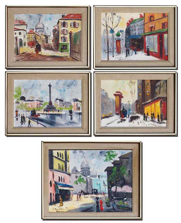 Appraisal: FIVE PARIS SCHOOL CITY PAINTINGS ''Bastile'' Oil Canvas Panel ''