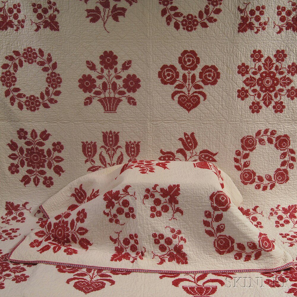 Appraisal: Pair of Hand-stitched Red and White Cotton and Wool Quilts