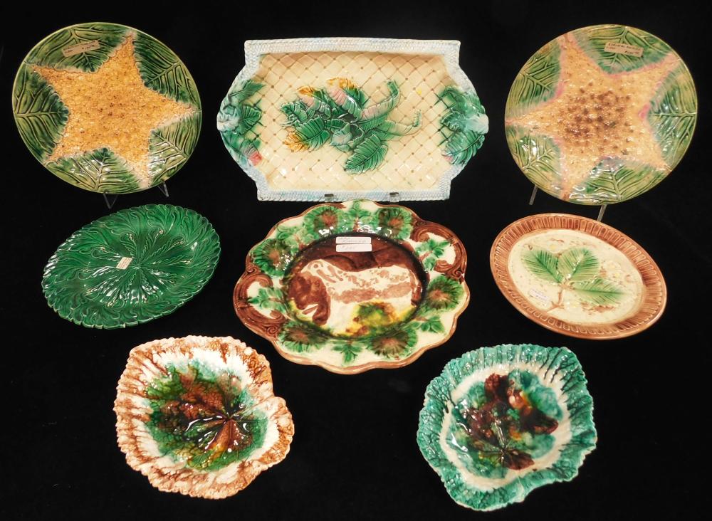 Appraisal: MAJOLICA Seven pieces along with a similar foliate pottery plate