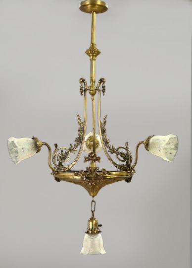 Appraisal: Belle Epoque Antiqued Brass Four-Light Basin Chandelier in the Louis