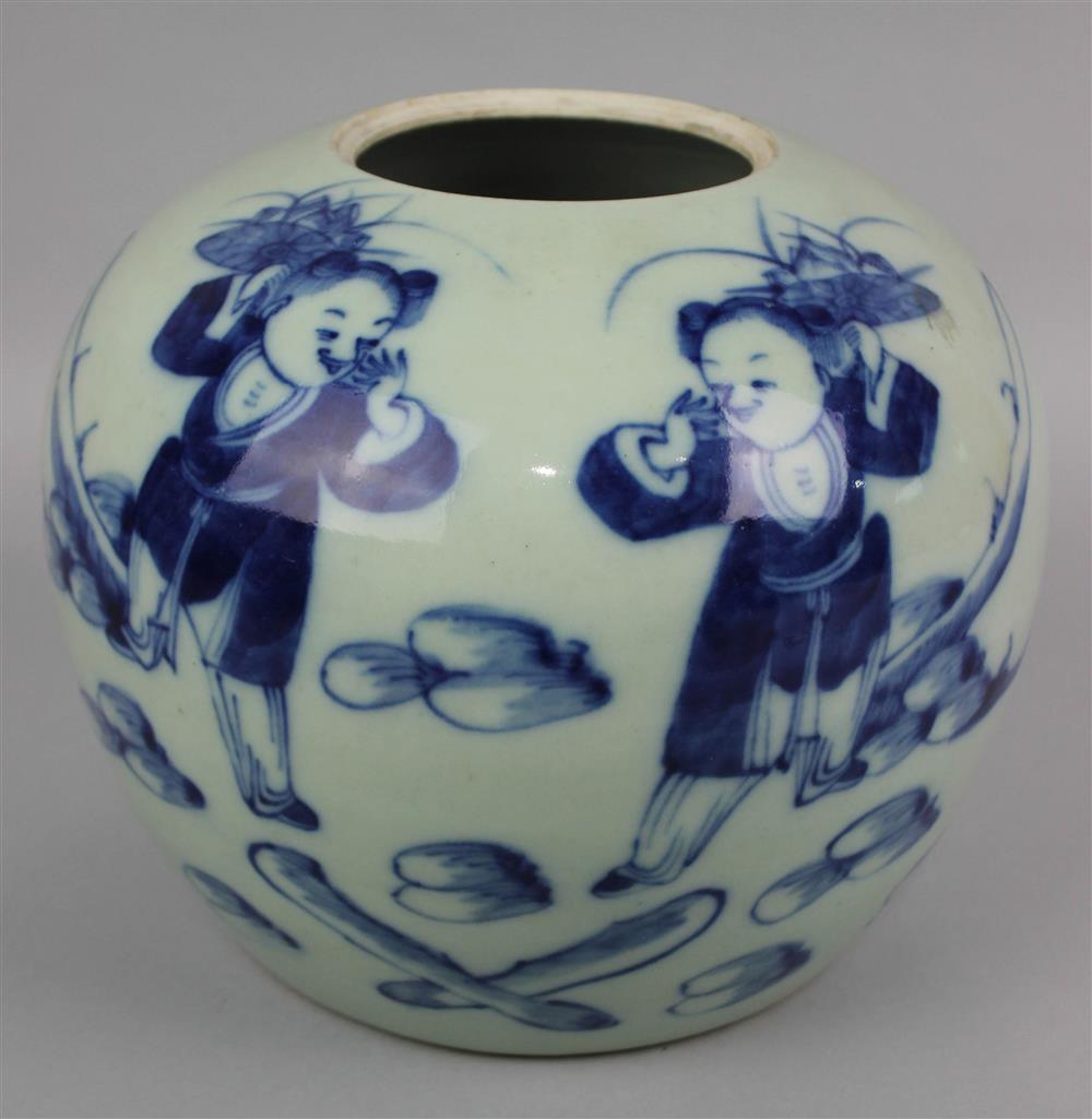 Appraisal: CHINESE CELADON GROUND UNDERGLAZE BLUE AND WHITE OVOID VASE LATE