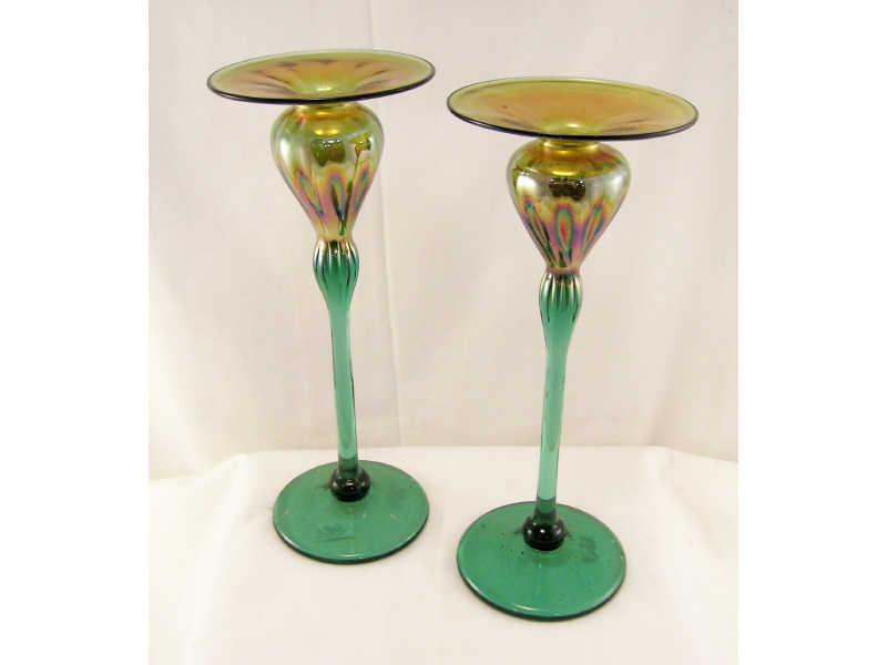 Appraisal: Strini Art Glass Candleholders Aqua green base and stem graduating