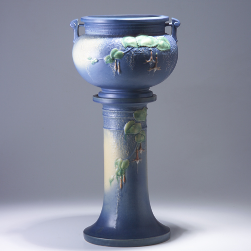 Appraisal: ROSEVILLE Blue Fuchsia jardiniere and pedestal set - Restoration to