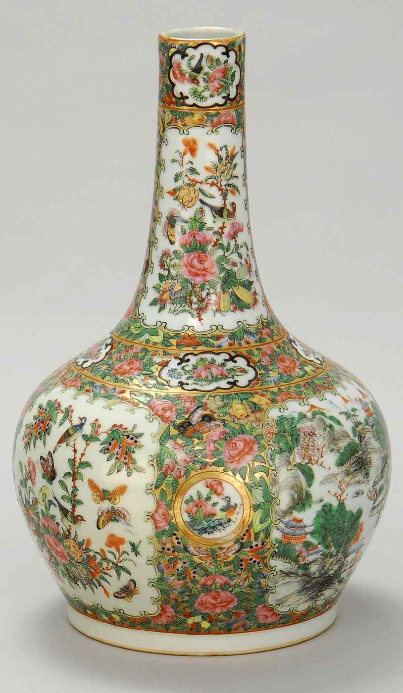 Appraisal: CHINESE EXPORT ROSE MEDALLION PORCELAIN BOTTLE VASEMid- th CenturyWith landscape