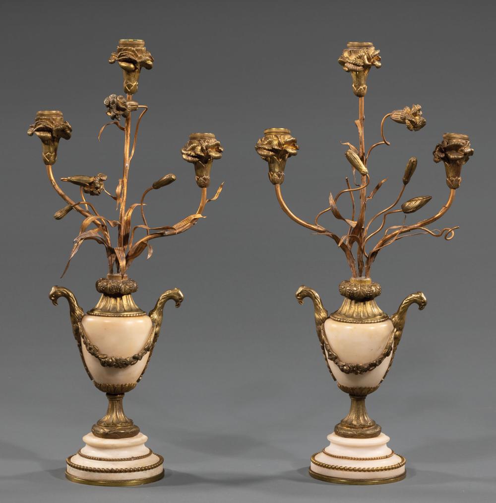 Appraisal: Pair of French Bronze-Mounted Marble Three-Light Candelabra c floriform arms