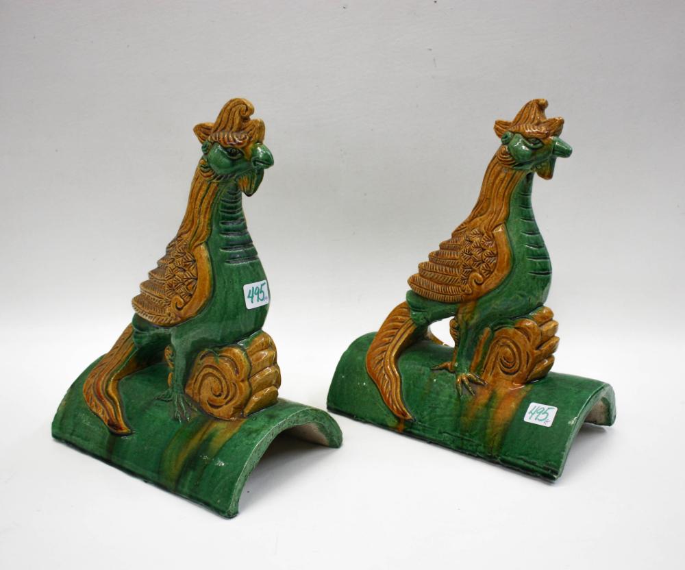 Appraisal: PAIR OF CHINESE PORCELAIN BIRD ROOF TILES amber and green