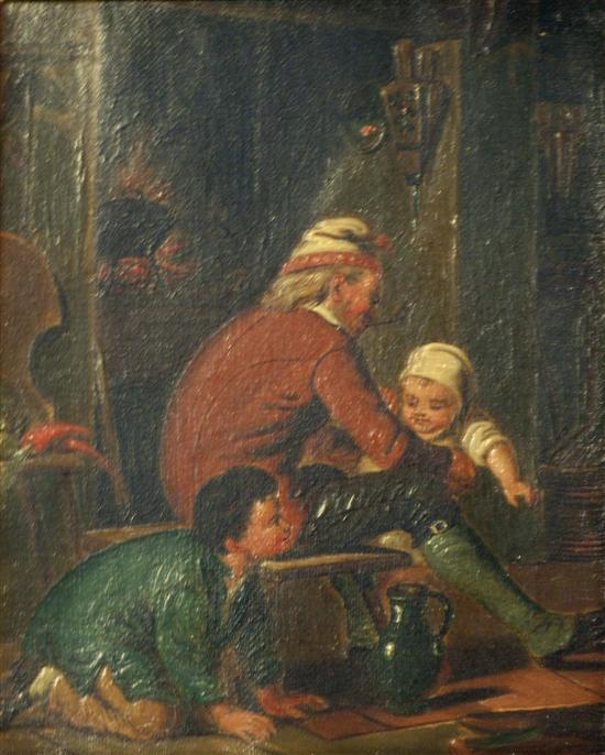 Appraisal: th century interior scene with father and children oil on