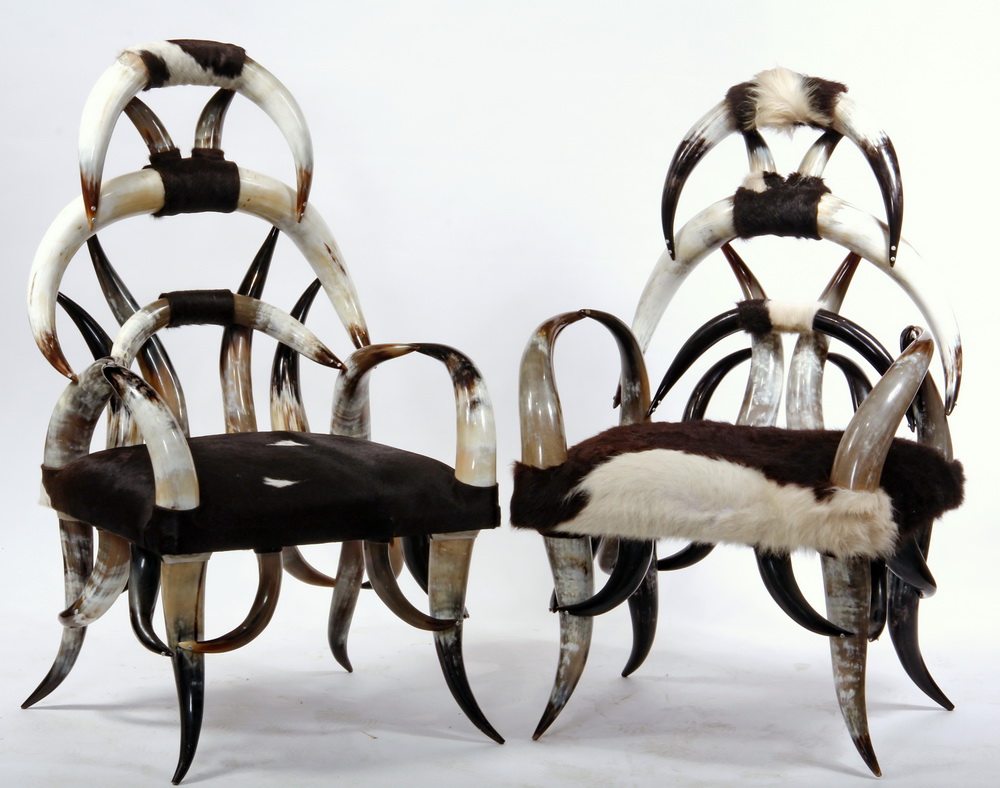 Appraisal: PAIR HORN CHAIRS - Fine Pair of th c Cow