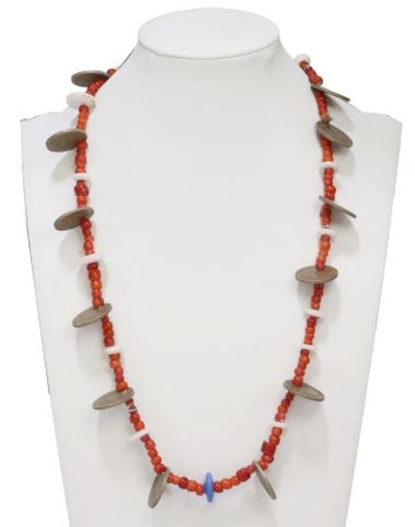 Appraisal: Guatemalan Chachal coin and trade bead necklace red glass beads