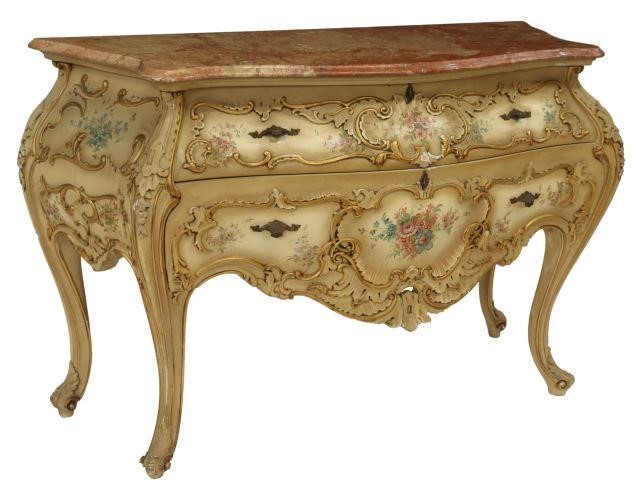 Appraisal: Venetian marble-top bombe commode th c parcel gilt and paint