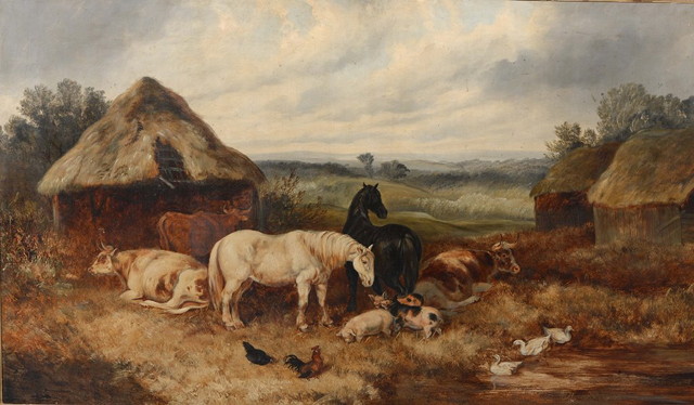 Appraisal: R S Mott British th Century Farmyard scene showing horses