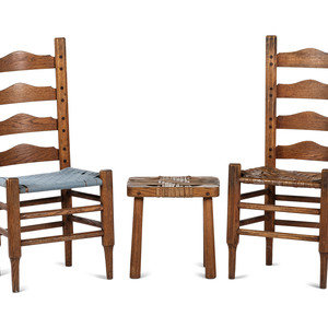 Appraisal: Chester Cornett Kentucky - Two Oak Chairs and Footstool each