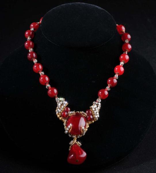 Appraisal: Signed Miriam Haskell Necklace Description Red glass pendant with wired