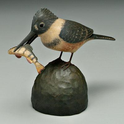 Appraisal: Frank Finney carving carved and painted wood kingfisher holding fish