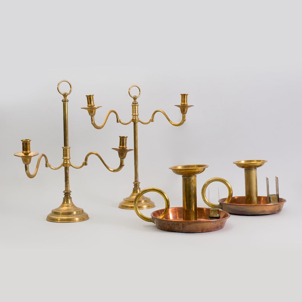 Appraisal: Pair of English Brass Two-Light Retractable Candelabra Together with a