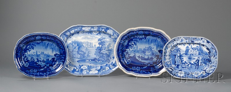 Appraisal: Four Oval Blue Transfer-decorated Staffordshire Pottery Platters England early th