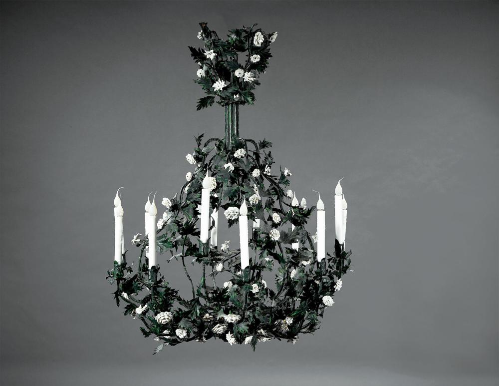 Appraisal: French T le Peinte and Porcelain-Mounted Twelve-Light Chandelier fluted standard