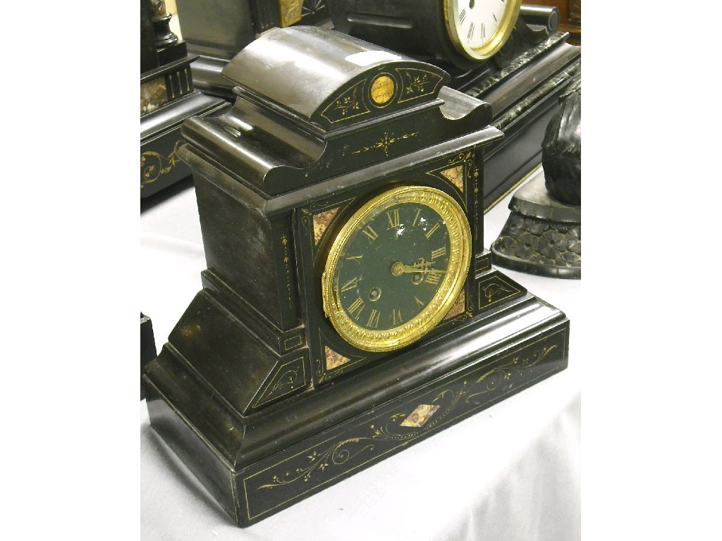 Appraisal: Black slate and pink marble two train mantel clock the