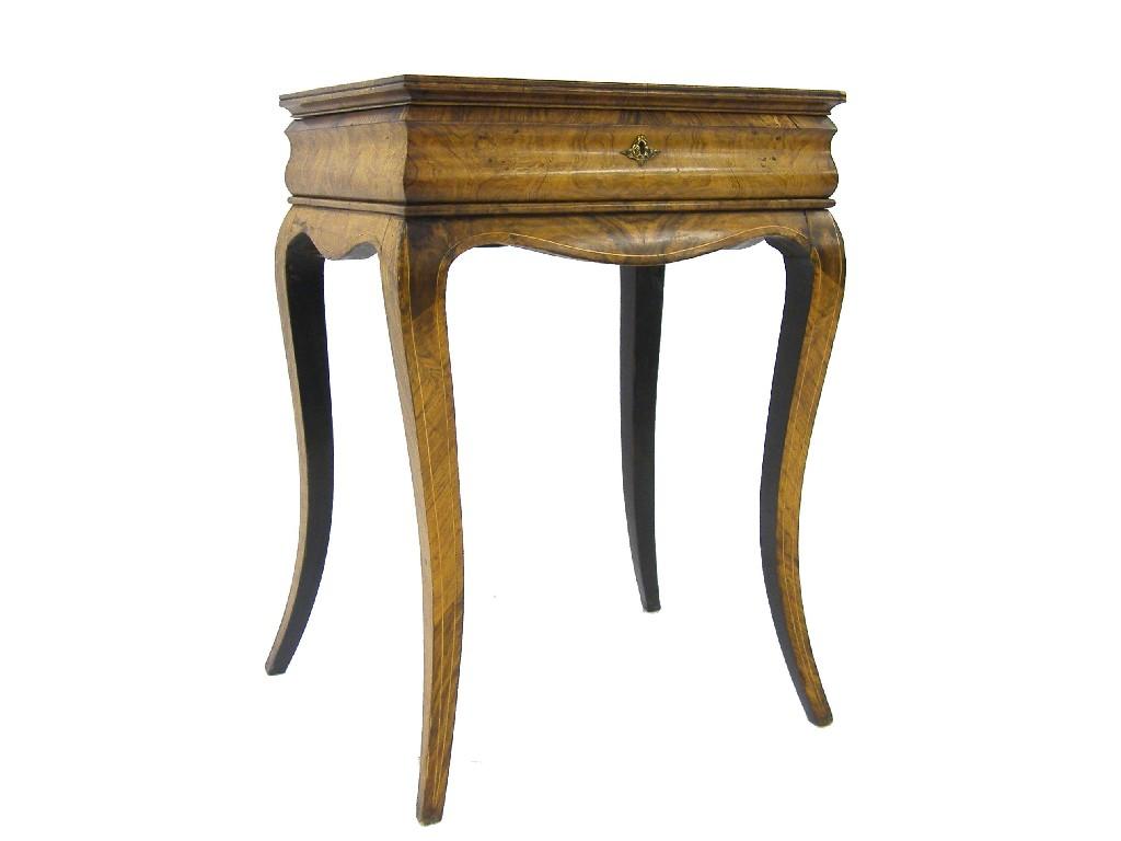 Appraisal: th century French burr walnut work table the featherbanded hinged