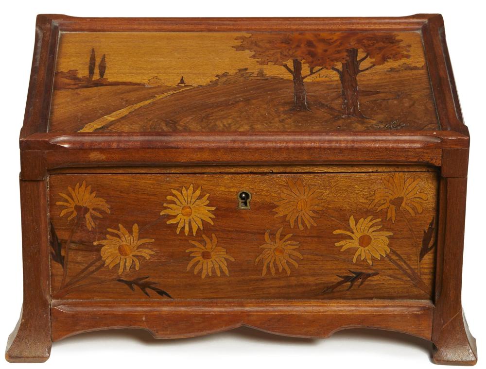 Appraisal: A Gall style marquetry inlay table top jewelry box Circa