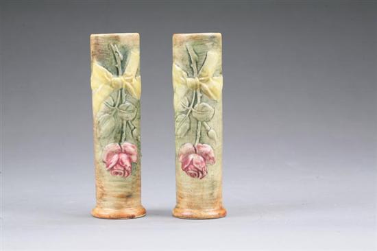 Appraisal: TWO MATCHING WELLER POTTERY VASES Cylindrical vases with hanging rose