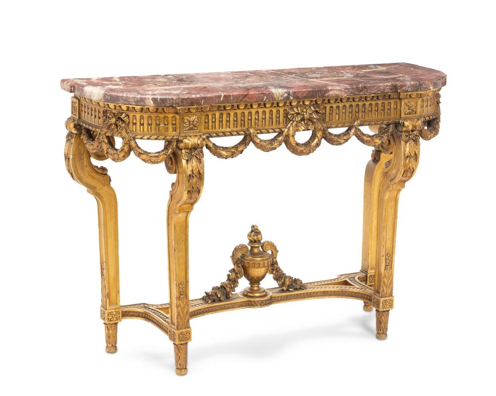 Appraisal: A FRENCH CARVED GILTWOOD CONSOLE TABLEA French carved giltwood console