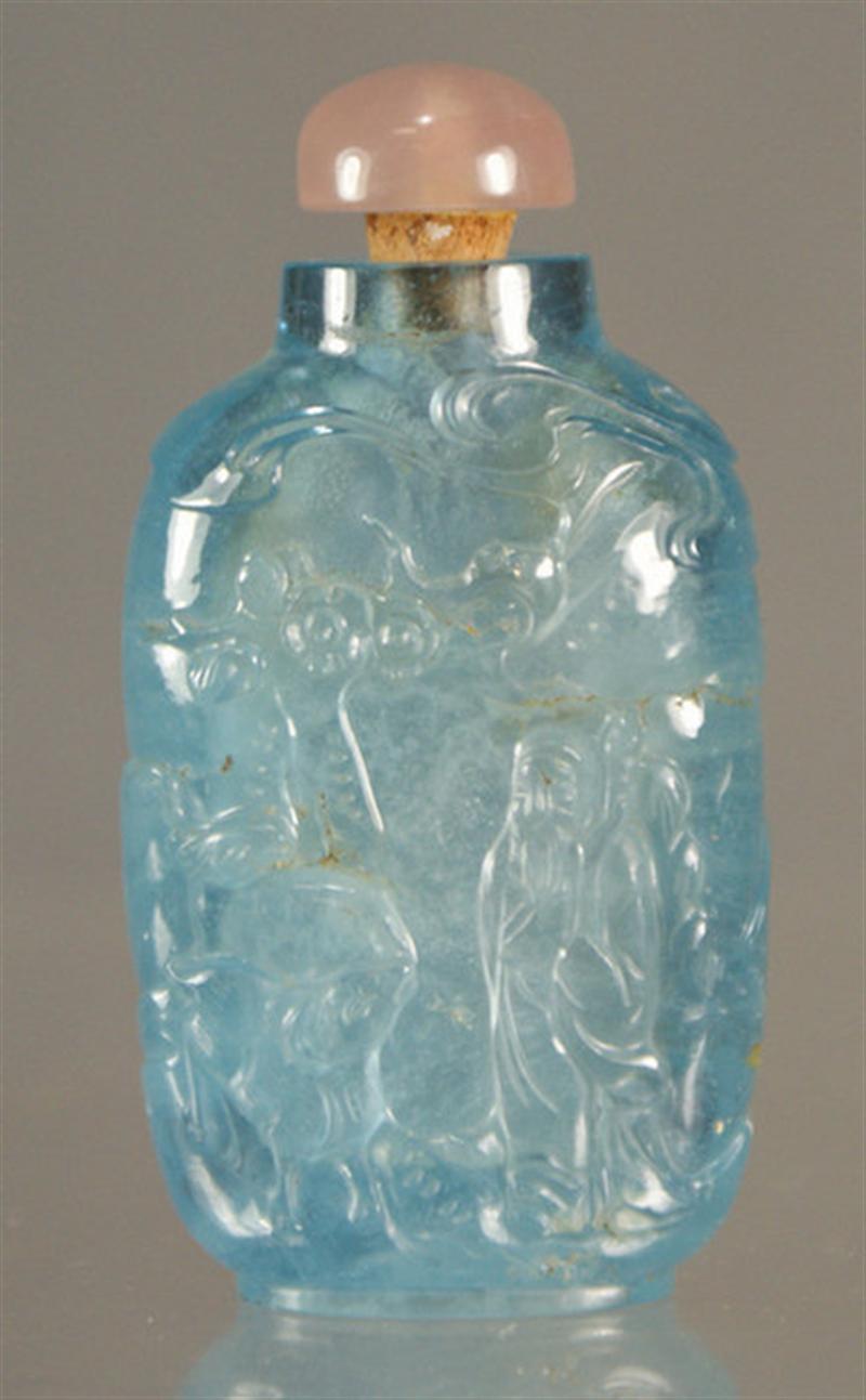 Appraisal: carved aquamarine snuff bottle figures in landscape design rose quartz