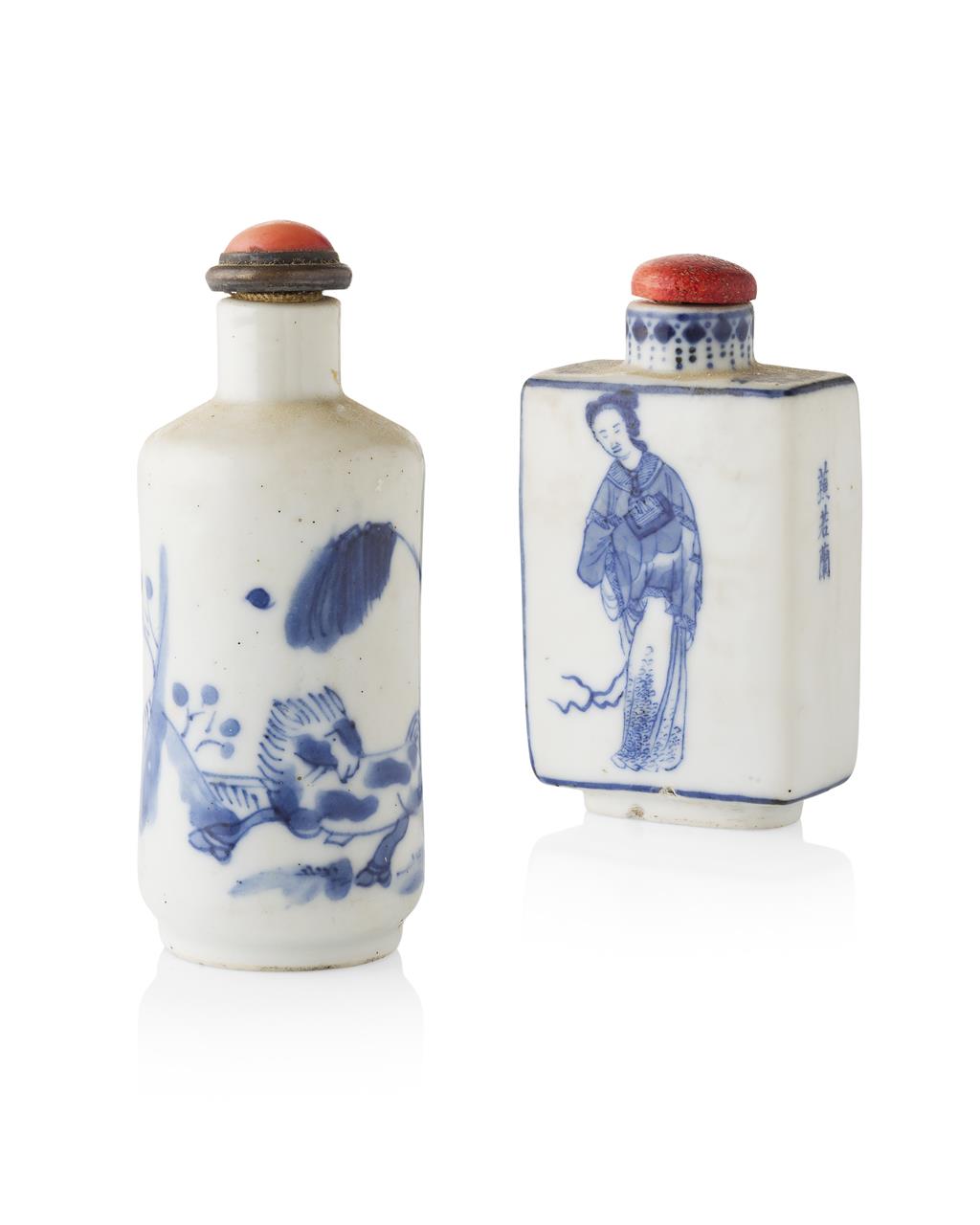 Appraisal: YTWO BLUE AND WHITE SNUFF BOTTLES LATE QING DYNASTY one