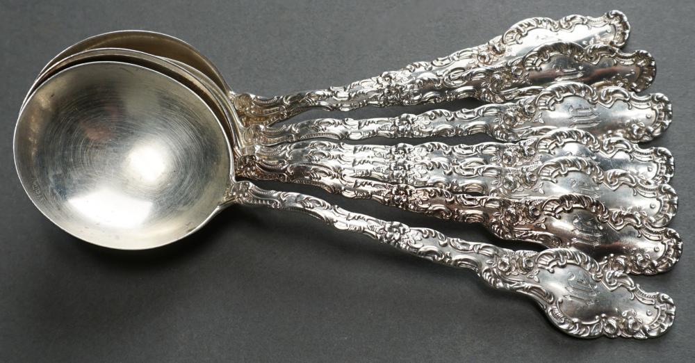 Appraisal: SEVEN DURGIN WATTEAU PATTERN STERLING SILVER BOUILLON SPOONS OZTSeven Durgin