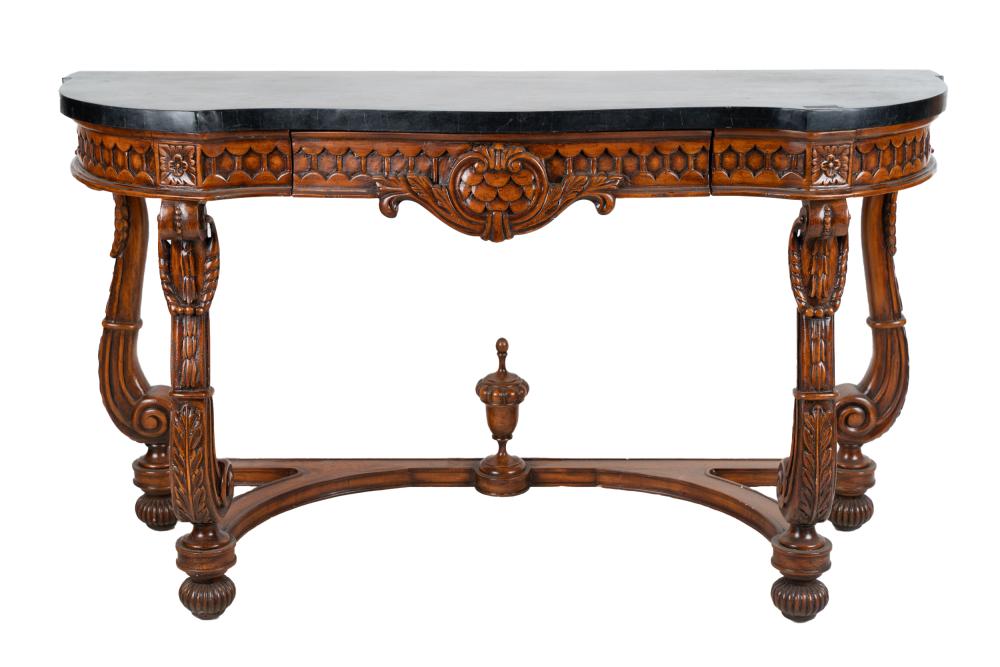 Appraisal: PAIR OF CARVED WOOD CONSOLE TABLESafter each with faux marble-veneered