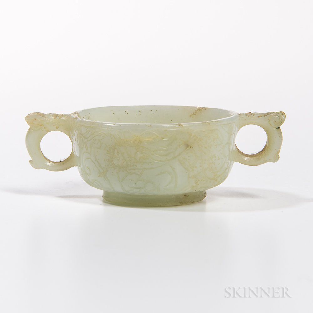 Appraisal: Jade Cup with Dragon Handles Jade Cup with Dragon Handles