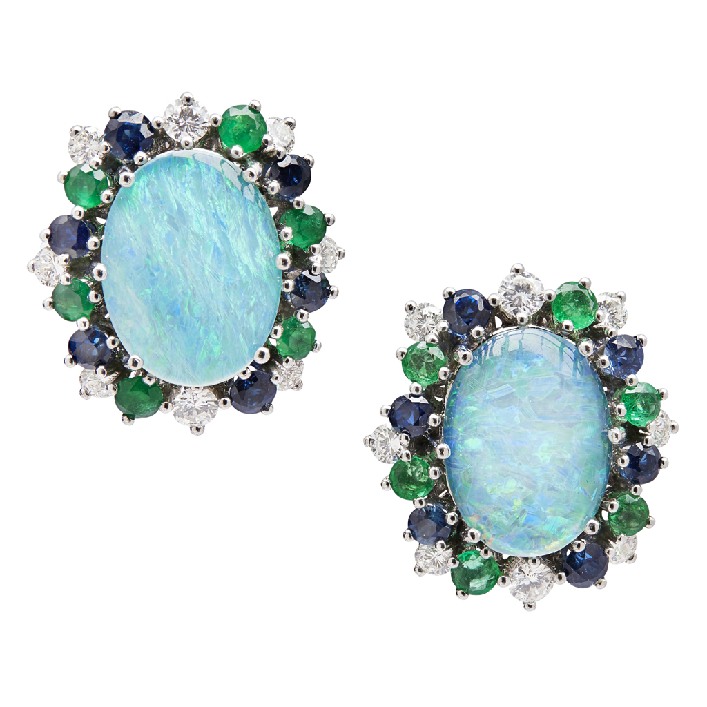 Appraisal: A pair of multi-gem set ear-clips each set to the