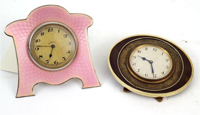 Appraisal: SILVER-MOUNTED PINK ENAMEL TABLE CLOCK stamped sterling Swiss -day movement