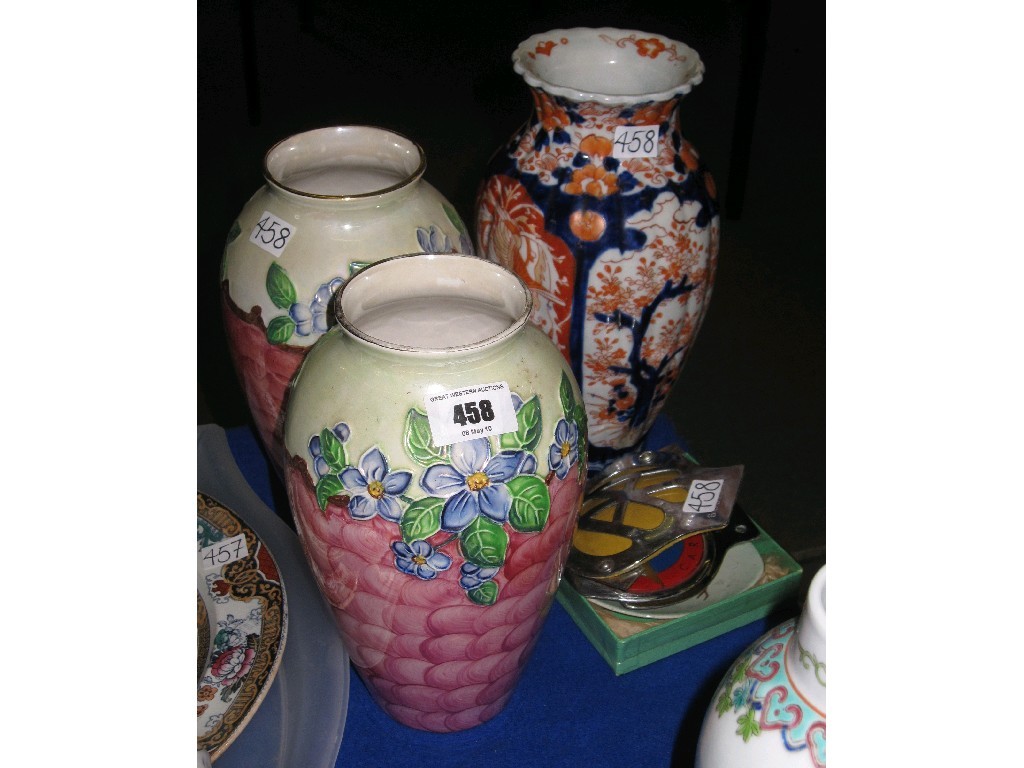 Appraisal: Lot comprising a pair of Maling vases an Imari vase