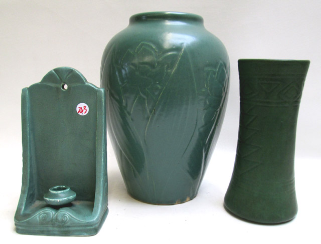 Appraisal: FOUR ART POTTERY VESSELS each with green glaze vase with