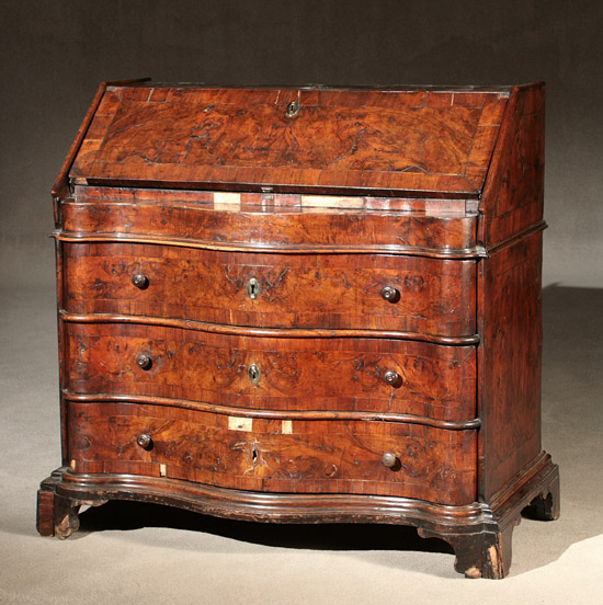 Appraisal: Italian Baroque Inlaid Figured Walnut Serpentine Slant-Front Bureau First Half