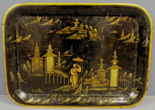 Appraisal: - Black japanned tray with oriental Tole decoration x -