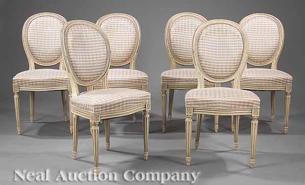 Appraisal: A Set of Six Louis XVI-Style Carved Cr me Peinte