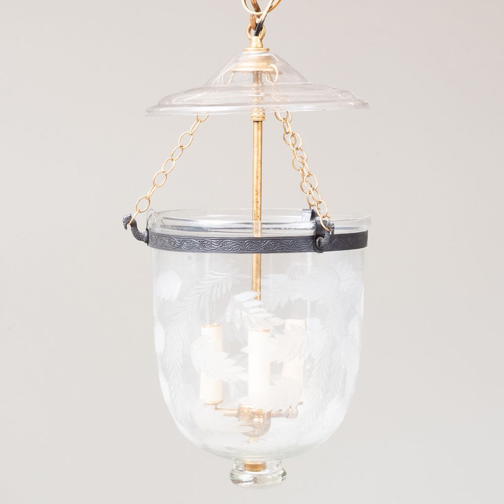 Appraisal: Gilt-Metal and Etched Glass Three-Light Bell-Shaped Lantern and Cover x