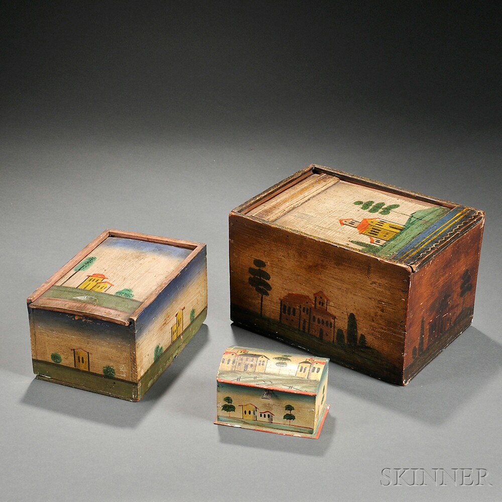 Appraisal: Three Paint-decorated Boxes probably northern Europe th century the nail-constructed