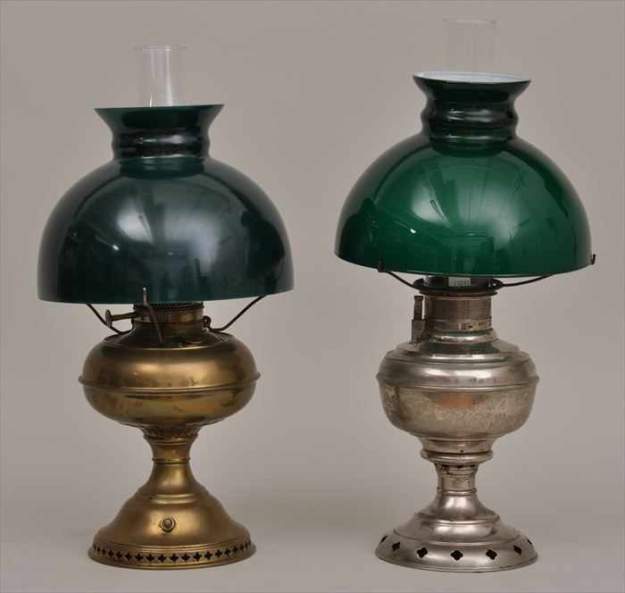 Appraisal: NICKEL-PLATED AND BRASS KEROSENE LAMPS Each with cased green glass