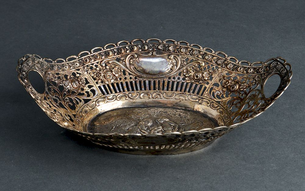 Appraisal: Continental Silver Repousse Pierced Basket Continental silver repousse and pierced